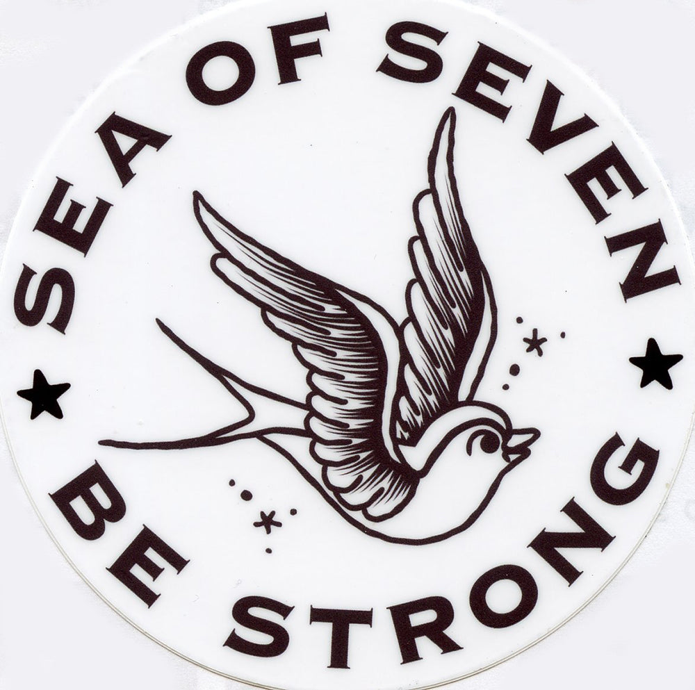 Circular logo with a bird illustration and text 'Sea of Seven Be Strong' on a white background