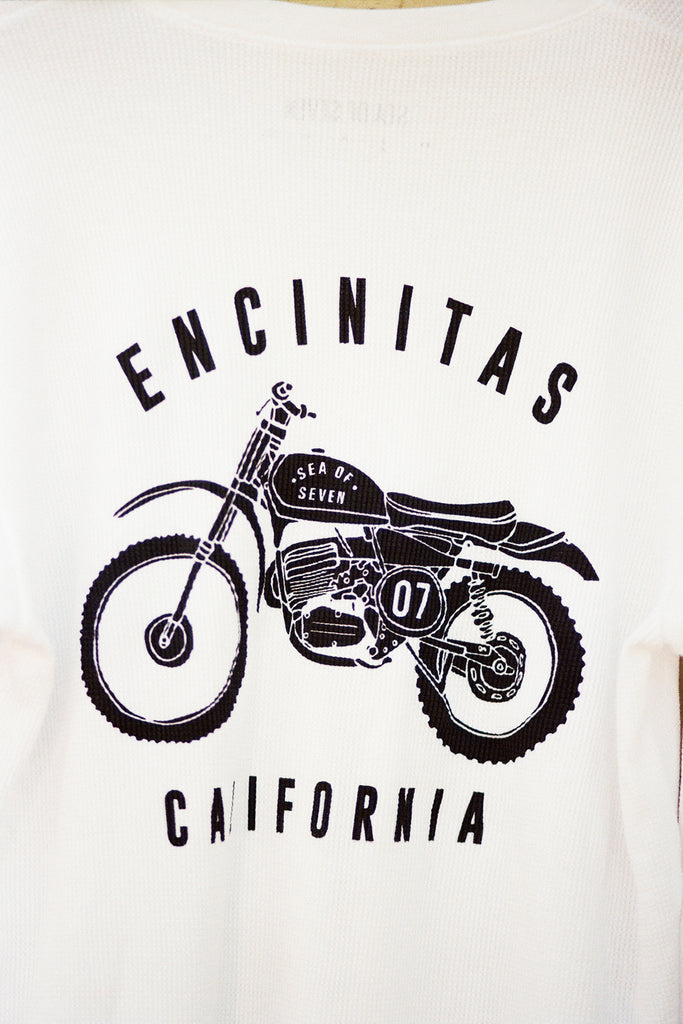 White sweatshirt with black graphic of a motorcycle and text 'Encinitas California' on a white background