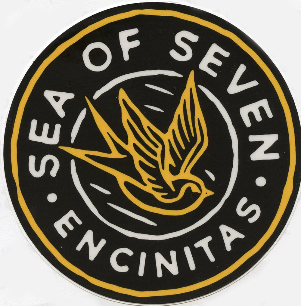 Circular logo with a gold bird illustration and 'Sea of Seven Encinitas' text on a black background