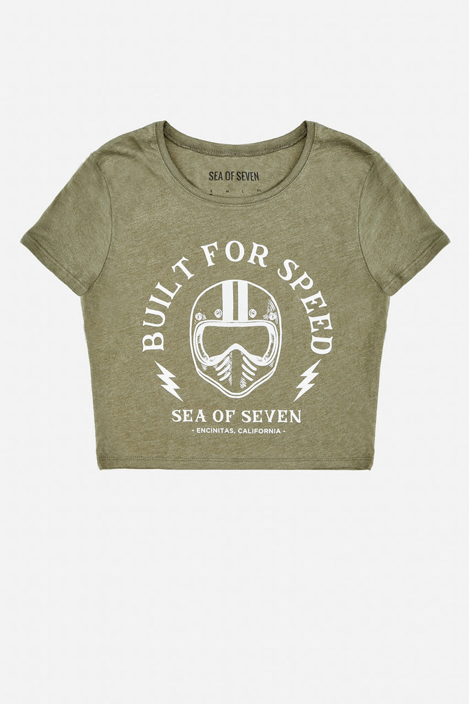 army green girls crop top built for speed sea of seven