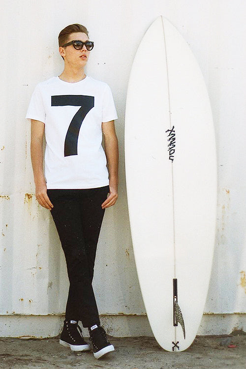 Mens white tee with a big number seven on the front - 7 t-shirt.