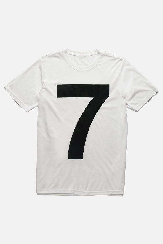 Oversized number 7 on mens white tee - Helvetica seven t-shirt.